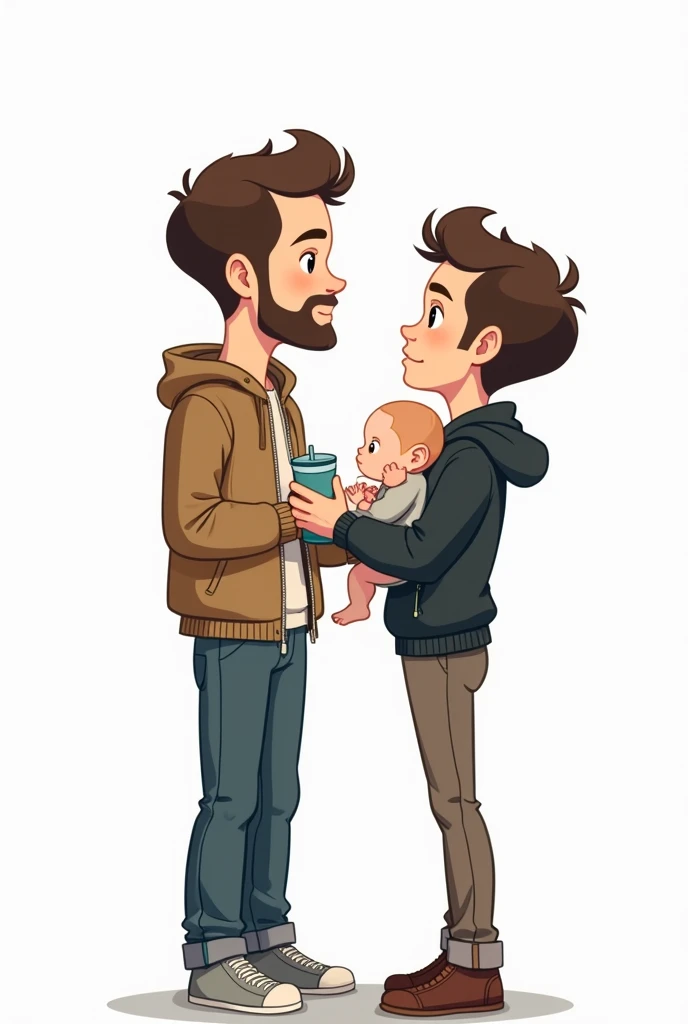 Cartoon of a man wearing a casual jacket, An illustration of by Niko Henrichon, tumbler, Happenings, シンプルなAn illustration, simple and cleAn illustration, Random Artist, No text, 漫画An illustration, Man in his 30s, An illustrationレーターで作成, An illustration, 手描きAn illustration, コンセプトAn illustration, 🎨🖌, 面白いAn illustration,Profile of two people facing each other while holding a baby,The background is pure white