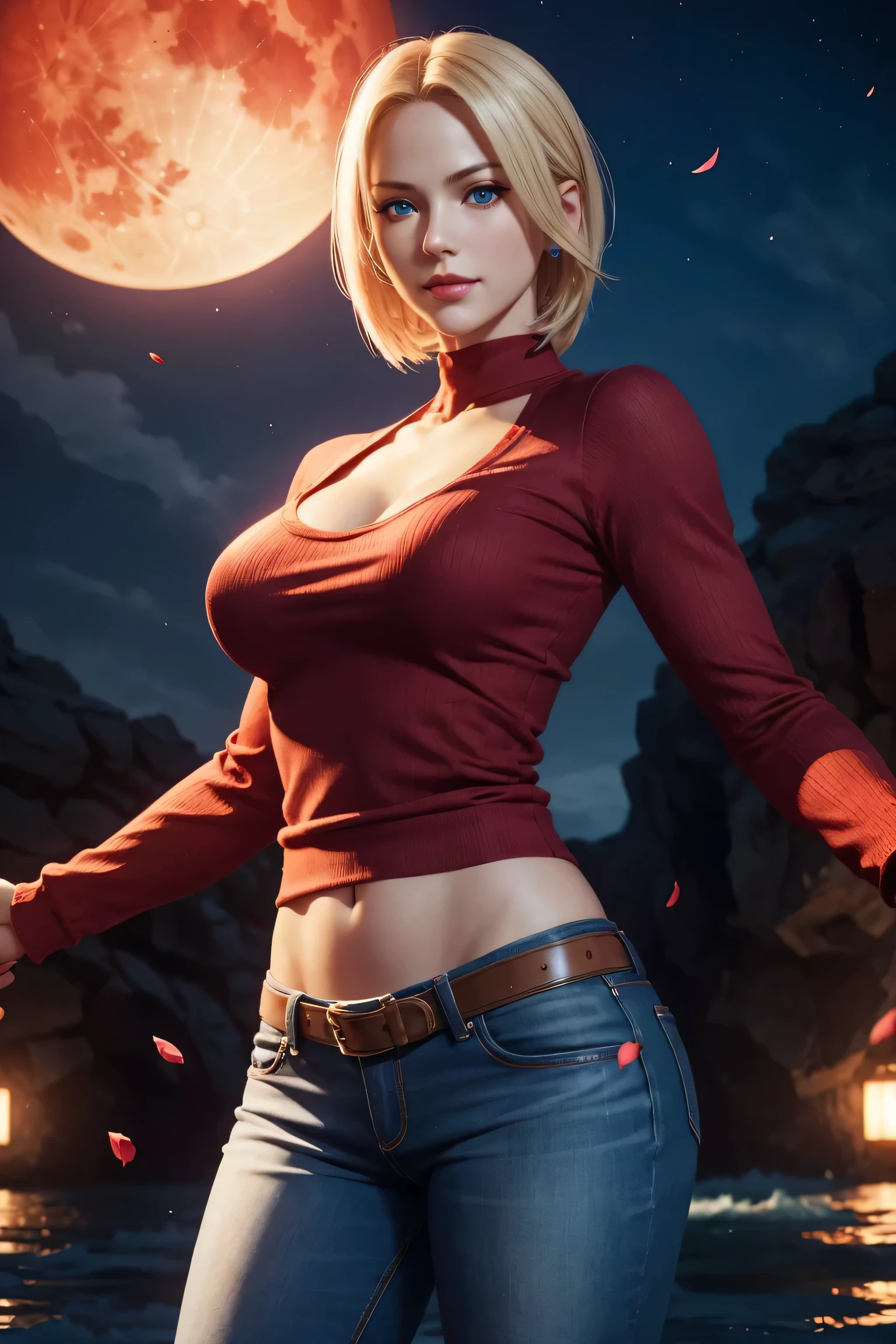 KOF,King of Fighters,Blue Mary,Blue Eyes,Blonde Hair,Medium Hair,Beautiful white skin,Photorealistic,Ultra HD,high quality,masterpiece,Digital SLR,Detailed details,Intricate details,Anatomical basis,Depicted in detail,A detailed face,Realistic skin texture,Vivid details,Perfect ???????,Perfect ???????,Anatomically correct hand,Anatomically correct fingers,Super Detail,Complex 3D rendering,Sexy pose,Red knitted tops,No sleeve,jeans,Fantasy worldview,Beautiful red sea,Beautiful Red Moon,Beautiful night sky,Petals of roses dance,Picturesque,Pink Lips,smile,