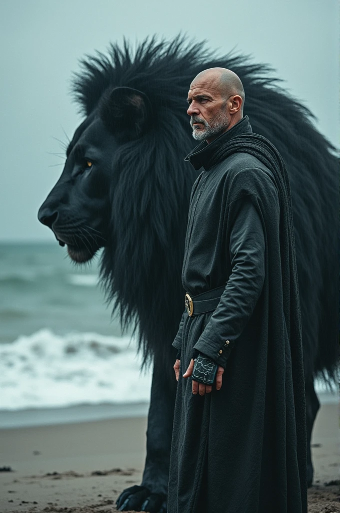 A bald man in near sea beach in rainy season with black lion