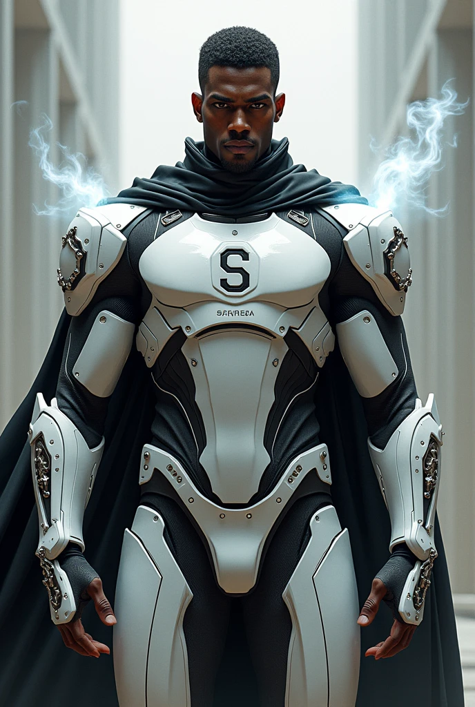 Dark-skinned man wearing a white combat suit covering his mouth and chin , he has an S symbol on his chest , He has fancy bracelets and his bracelets release a white gas, he also has a sense of utility, and also a black cape