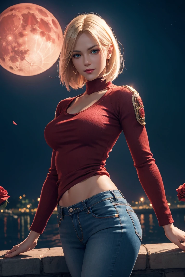 KOF,King of Fighters,Blue Mary,Blue Eyes,Blonde Hair,Medium Hair,Beautiful white skin,Photorealistic,Ultra HD,high quality,masterpiece,Digital SLR,Detailed details,Intricate details,Anatomical basis,Depicted in detail,A detailed face,Realistic skin texture,Vivid details,Perfect Anatomy,Perfect Anatomy,Anatomically correct hand,Anatomically correct fingers,Super Detail,Complex 3D rendering,y pose,Red knitted tops,No sleeve,jeans,Fantasy worldview,Beautiful red sea,Beautiful Red Moon,Beautiful night sky,Petals of roses dance,Picturesque,Pink Lips,smile,