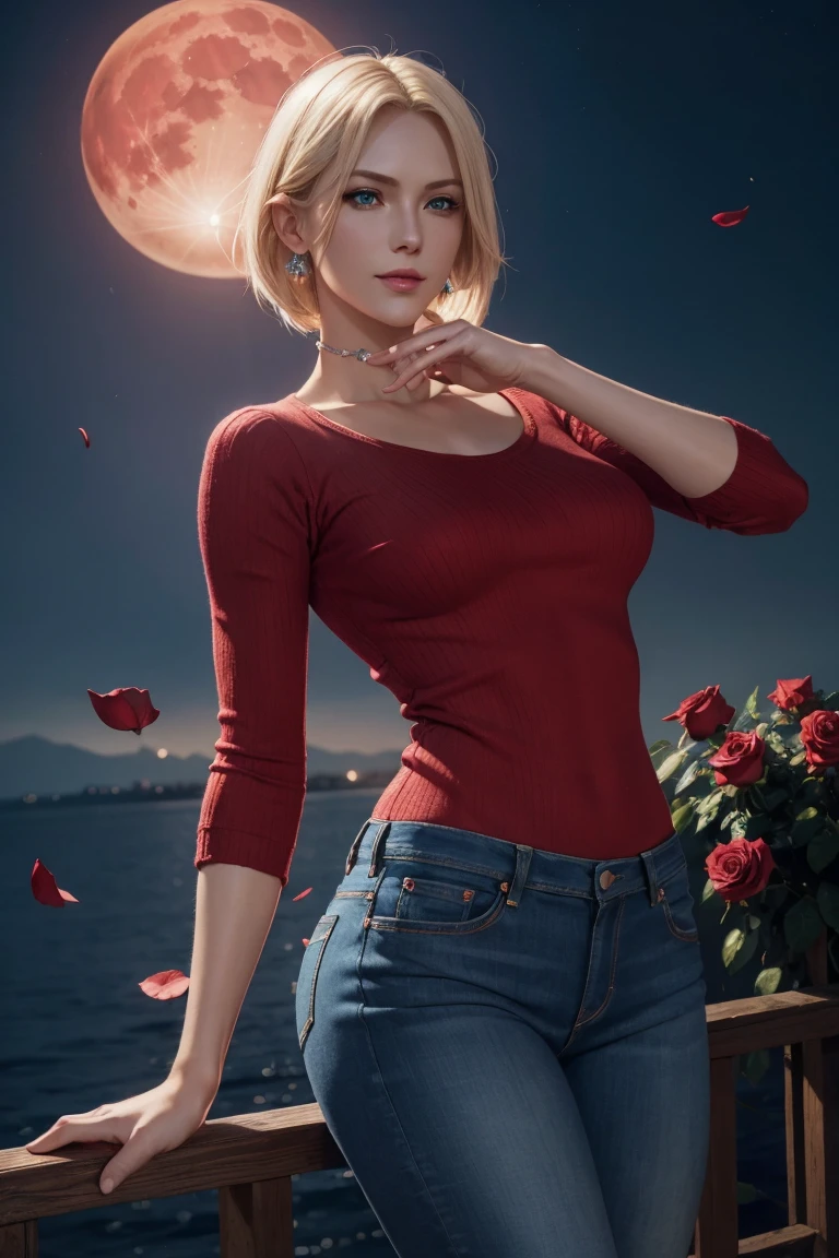 KOF,King of Fighters,Blue Mary,Blue Eyes,Blonde Hair,Medium Hair,Beautiful white skin,Photorealistic,Ultra HD,high quality,masterpiece,Digital SLR,Detailed details,Intricate details,Anatomical basis,Depicted in detail,A detailed face,Realistic skin texture,Vivid details,Perfect Anatomy,Perfect Anatomy,Anatomically correct hand,Anatomically correct fingers,Super Detail,Complex 3D rendering,Sexy pose,Red knitted tops,No sleeve,jeans,Fantasy worldview,Beautiful red sea,Beautiful Red Moon,Beautiful night sky,Petals of roses dance,Picturesque,Pink Lips,smile,