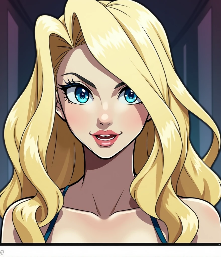 Attractive blonde female with blue highlights, and moderate sized breasts in lingerie in high heels