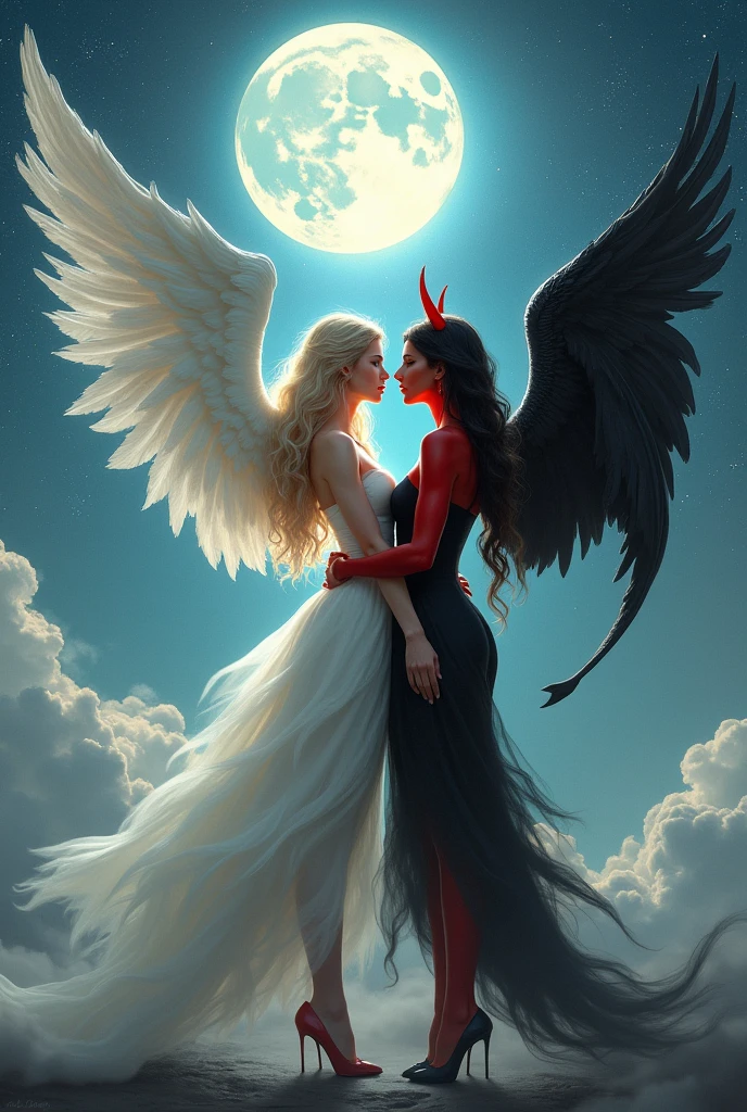 (highest quality, masterpiece, High resolution), 16K, fantasy art, RPG art a picture of (((2 women))), BREAK a (1female angel: 1.3) , wearing dress, pale skin, best details beautiful face , (blond: 1.2)  hair, long hair wavy hair  (blue: 1.1) eyes, high heeled boots, wearing a dress,  large angelic wings, (white: 1.2) angelic wings spread BREAK ((AND))  a (1female demon: 1.3), (red: 1.2) skin, demonic wings, (black: 1.1) demonic wings spread, demonic horns, (red: 1.1) skin, black hair, red eyes, best details beautiful face, wearing a dress, high heels, in the border between heaven and hell, moon, stars, clouds, god rays, soft natural light silhouette, dynamic angle,  photorealism, panoramic view (Masterpiece 1.3, intense details) , Wide-Angle, Ultra-Wide