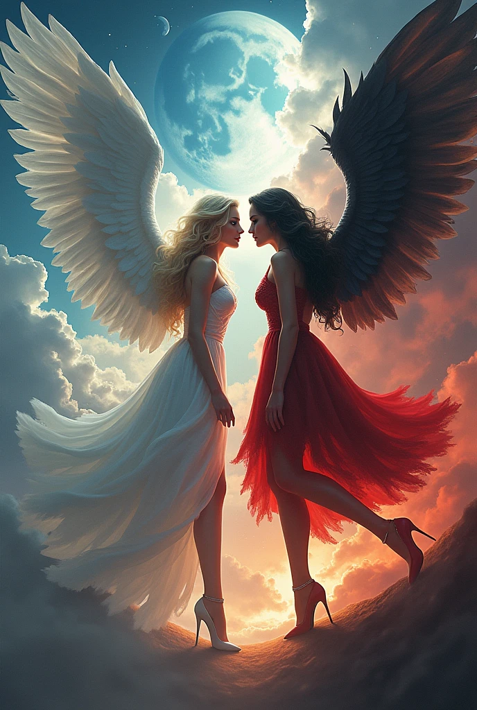 (highest quality, masterpiece, High resolution), 16K, fantasy art, RPG art a picture of (((2 women))), BREAK a (1female angel: 1.3) , wearing dress, pale skin, best details beautiful face , (blond: 1.2) hair, long hair wavy hair (blue: 1.1) eyes, high heeled boots, wearing a dress, large angelic wings, (white: 1.2) angelic wings spread BREAK ((AND)) a (1female demon: 1.3), (red: 1.2) skin, demonic wings, (black: 1.1) demonic wings spread, demonic horns, (red: 1.1) skin, black hair, red eyes, best details beautiful face, wearing a dress, high heels, in the border between heaven and hell, moon, stars, clouds, god rays, soft natural light silhouette, dynamic angle, photorealism, panoramic view (Masterpiece 1.3, intense details) , Wide-Angle, Ultra-Wide