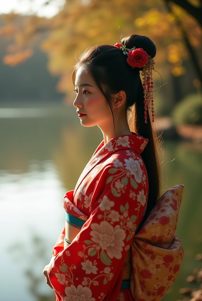 Japanese goddess standing by the water, Soft Light, Backlight, Shot with Canon EOS 5D, Soft Lowlights, DSLR 5.0 mm 、Soft lighting, Soft light from the side