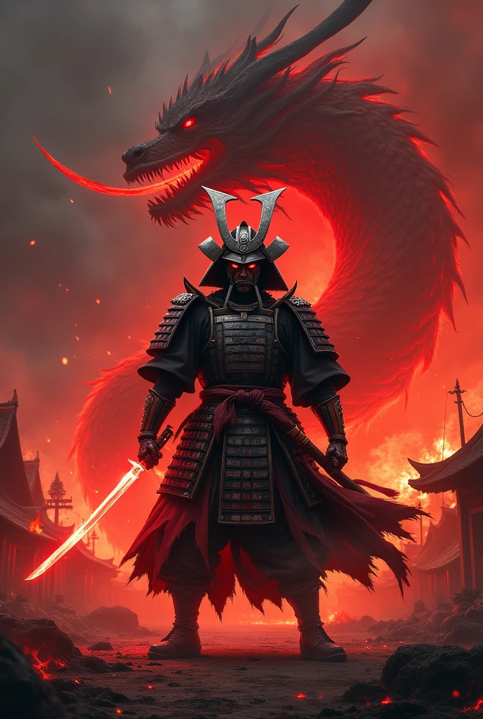 A shogun in a burning village angry holding his katana which red in color with hot tempered blade and he is alone
He has his full Armor with helmet and there is dragon shadow coming from his back 
