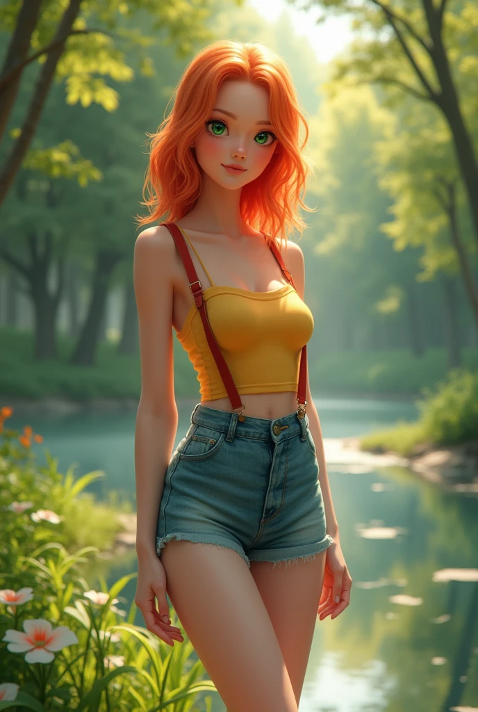 masterpiece, extremery magnificent view, perspective, extremery best quality, extremery detailed CG, 8k wallpaper, high resolution, (dynamic angle, dynamic pose:1.2), outdoors, park, tree and pond, (portrait, legs focus, full body), (beautiful face, beautiful eyes, beautiful legs:1.3), 1 girl, solo, 
(Misty_Pokemon)(1 18-year-old girl)
(Berry Short,Orange Hair,one side up hair,Big green eyes,Small breasts,Skinny)
(Yellow sleeveless T-shirt,Belly button exposed,Denim hot pants,Red suspenders,sneakers)
.afternoon