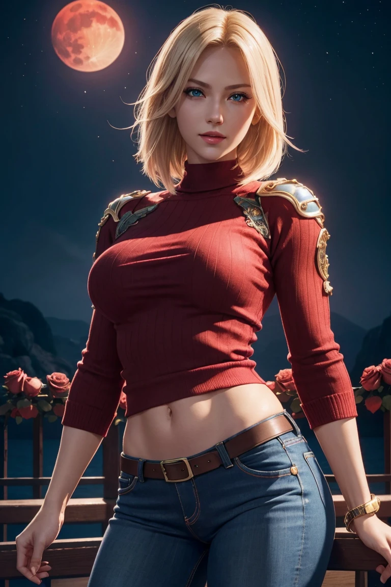 KOF,King of Fighters,Blue Mary,Blue Eyes,Blonde Hair,Medium Hair,Beautiful white skin,Photorealistic,Ultra HD,high quality,masterpiece,Digital SLR,Detailed details,Intricate details,Anatomical basis,Depicted in detail,A detailed face,Realistic skin texture,Vivid details,Perfect ???????,Perfect ???????,Anatomically correct hand,Anatomically correct fingers,Super Detail,Complex 3D rendering,Sexy pose,Red knitted tops,No sleeve,jeans,Fantasy worldview,Beautiful red sea,Beautiful Red Moon,Beautiful night sky,Petals of roses dance,Picturesque,Pink Lips,smile,