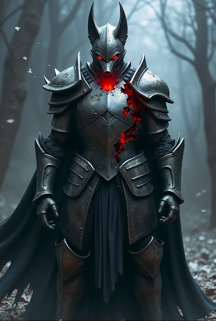The armor is half-destroyed, and the power of the beast sealed inside the armor is erupting.,Red light leaks out from the damaged area of the armor.,Fenrir's seal is broken、put on