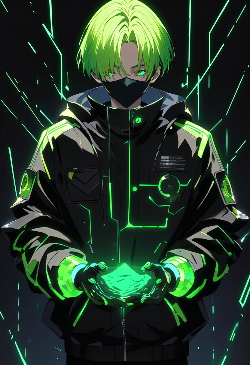 One boy、masterpiece、Highest quality、Beauty、Yellow-green hair、Short Hair、Center Parting、Black school uniform、Cyber-inspired jacket、cyber punk、Put your hands in your pockets、Black Mask、Black Background、paint、anime
