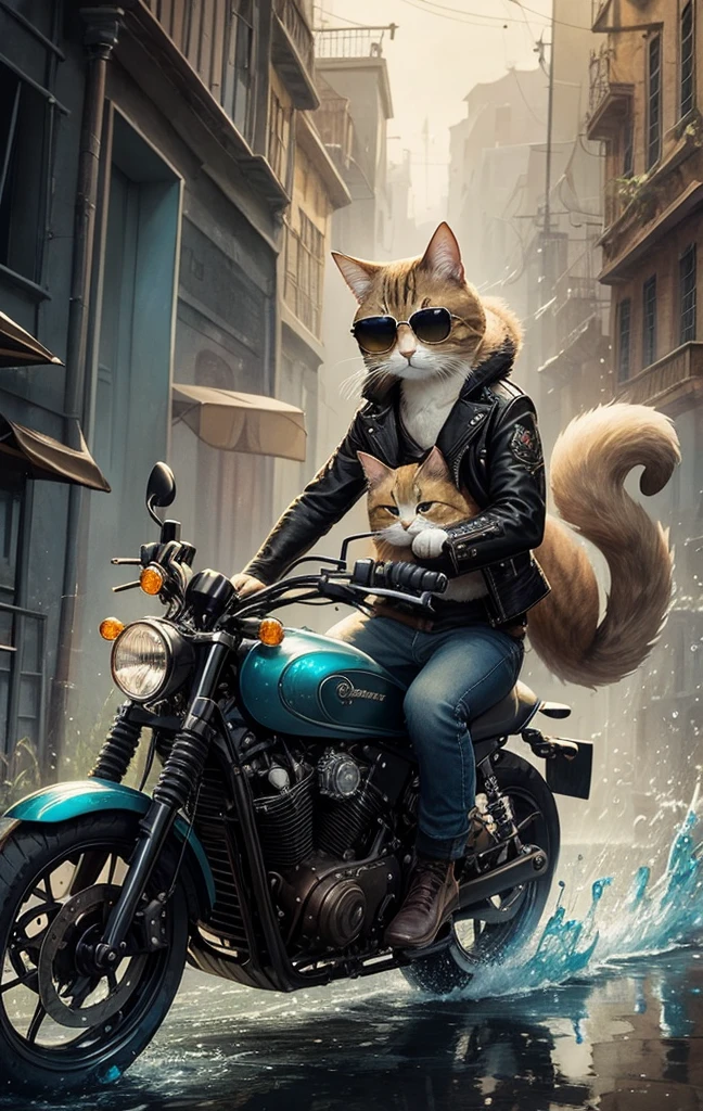 Very detailed絵画, Jean-Baptiste Monge Style, A cute cat in a black leather jacket and sunglasses is riding a motorcycle, splash, Sparkling, Cute and adorable, Craftsmanship, Light, fluffy, magic, Surreal, Fantasy, Digital Art, watercolor, Trending on Art Station, Sharp focus, Studio Photo, Intricate details, Very detailed, Greg Rutkowski