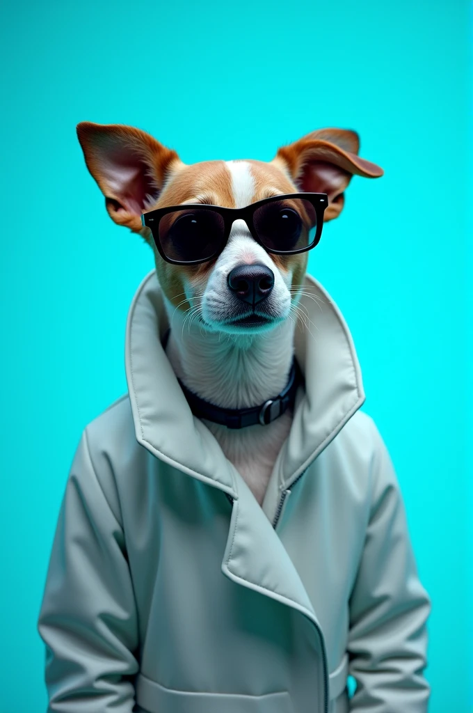 The best cell phone wallpaper, Award-Winning Wallpaper, portrait photography, In the front view is a portrait of a cute dog wearing mid-1960s space age fashion, Side view photo, Shot with Canon EOS R5, Set a strong contrast that accentuates the subject, Fluorescent blue tone, Wearing a very modern coat and sunglasses is a modern 1960s style, Clothes all in one color, beautiful background