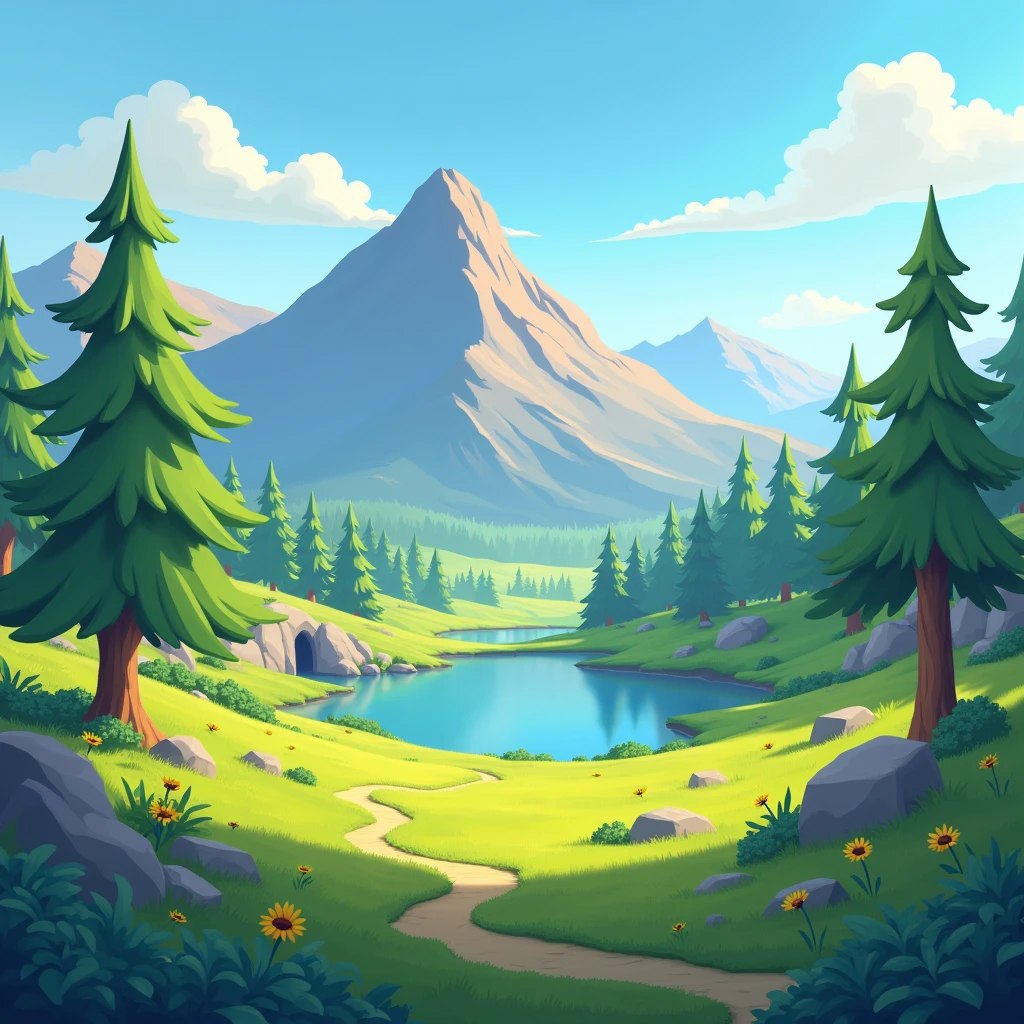 Create a videogame main manu background, is a survival videogame, be creative, PC background, make it in a little mountain with good ilumination, make it style animated, with strength colors, make with a little lake, with trees and little caves in a meadow with best colors, make rocks and tress but less mountain, a more more less mountain, no animals, and make more meadow, make more trees and make the best colors, yes now close the mini caves only, less mountain