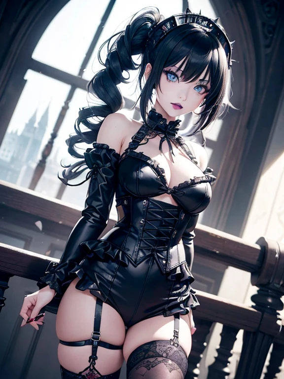  A 23-year-old gothic punk goth girl, perfect face, beautiful Asian woman with long White hair in curls and coils, very cute and           beautiful girl, (highly detailed beautiful face), high detailed fingers, (Blood Red corset with detailed frills), detailed face,
]cowboy shot, looking at viewer, Standing, white panties. intricate details, cinematic scene, detailed background, solo, dynamic angle,  ((beautiful big blue eyes looking down at the viewer, black shiny lipstick, perfect Asian goth cyber makeup)) double d breast, detailed cute face, white hair, gothic punk fashion, highly detailed gothic fashion, short skirt, heavy make up,),(dark black lipstick), size, Backlight effect, lens flare, depth of fields, blurry background, Detailedface,1 girl, Detailed eyes, ,(thigh up shot image :1.5), Black gloves