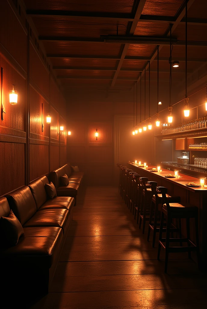 A small, cozy, dimly lit bar-like counter with indirect lighting and candles.、6 seats、Two sofa seats and an open kitchen at the counter