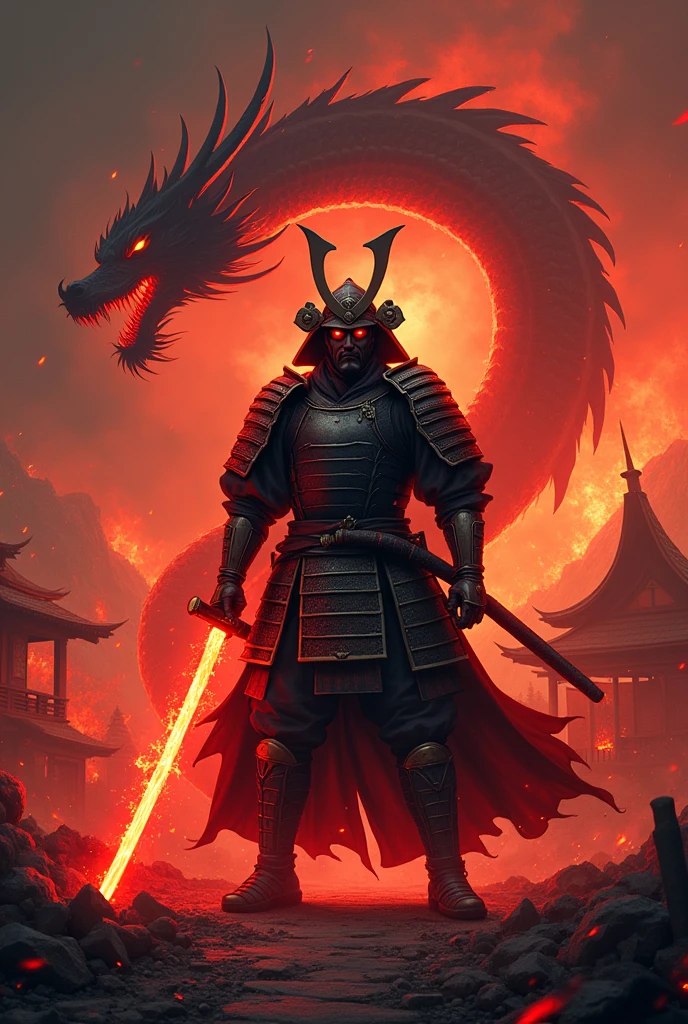 A shogun in a burning village angry holding his katana which red in color with hot tempered blade and he is alone
He has his full Armor with helmet and there is dragon shadow coming from his back