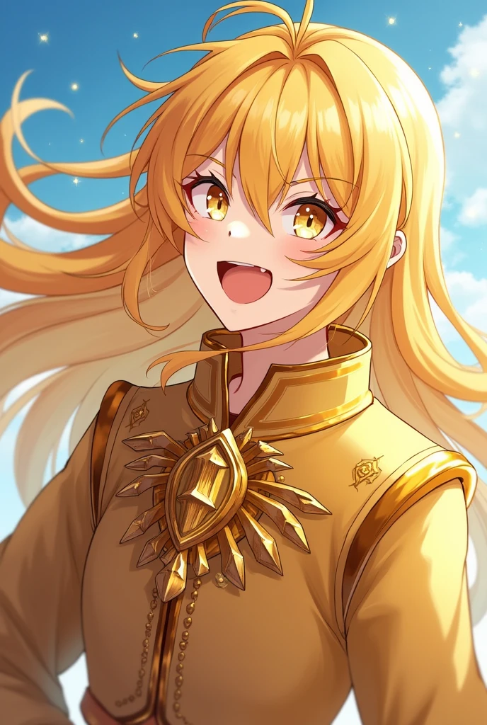 Kizi, flowing golden blonde hair, yellow eyes, golden imperial clothing, neckleace, アニメ, the background is a clear sky with twinkling lights, dynamic angle, arrogant laugh