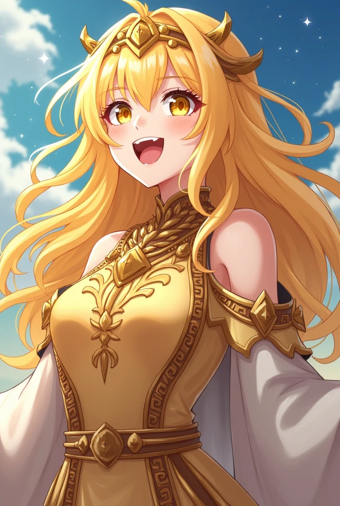 Kizi, flowing golden blonde hair, yellow eyes, golden imperial clothing, neckleace, アニメ, the background is a clear sky with twinkling lights, dynamic angle, arrogant laugh