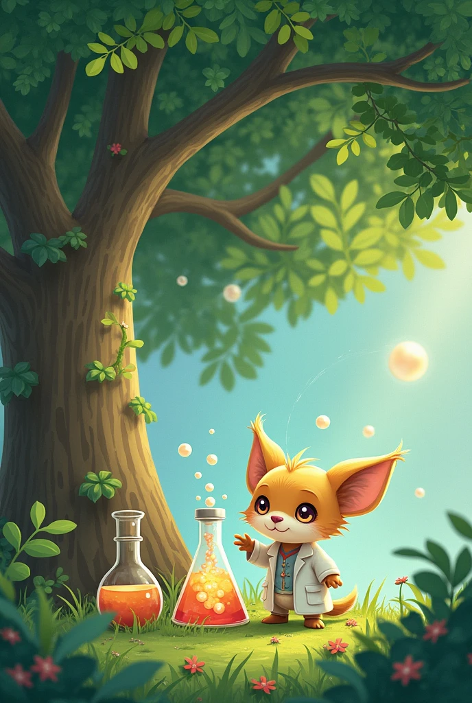 Image character of camphor tree cute He's wearing a white coat and doing an experiment.