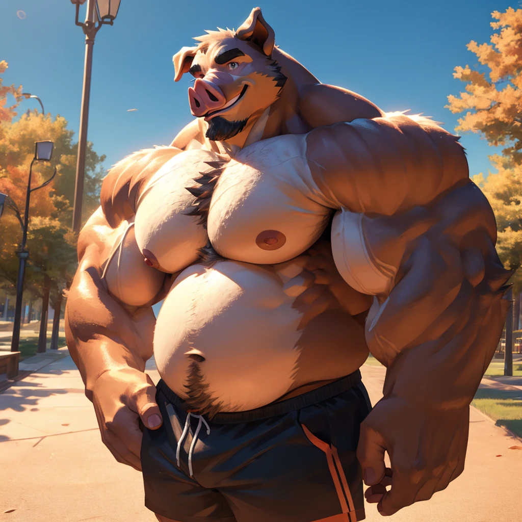 1boy, 1man, solo, a potrait (furry pig), (face:1.3, detailed face), chubby, fat belly, huge belly, Park, extremely huge muscular, massive muscular , (topless, shirtless, shorts), well-muscled old man. ((extremely muscle size, super thick arms, huge pec, hyper pec, bigger chest, extremely wide pectoral , huge arms)), wide smiling. Add textures and details to make the image more realistic, such as the appearance of the. Make sure the resulting image is high resolution, 8K quality