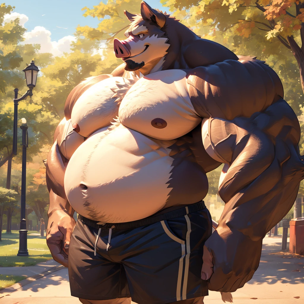 1boy, 1man, solo, a potrait (furry pig), (face:1.3, detailed face), chubby, fat belly, huge belly, Park, extremely huge muscular, massive muscular , (topless, shirtless, shorts), well-muscled old man. ((extremely muscle size, super thick arms, huge pec, hyper pec, bigger chest, extremely wide pectoral , huge arms)), wide smiling. Add textures and details to make the image more realistic, such as the appearance of the. Make sure the resulting image is high resolution, 8K quality