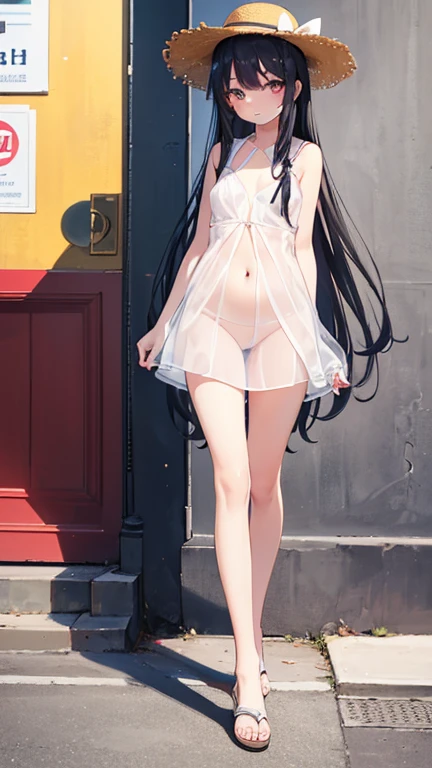 (masterpiece), Highest quality, One Girl, , cute, Flat Chest, Black Hair, Very long hair, She is looking towards the viewer, She is wearing a bright red leather collar., A lead extends from the collar, The lead is in the man's hand.,
She is wearing a white mini dress, Pure white clothes, white dress, Clothes without collars, The dress is sleeveless, exposing her bare shoulders and collarbones., The material of her clothes is very thin, The dress is see-through, The naked body is clearly visible, Erect nipples, Nipples are visible, Almost naked,
Not wearing a skirt, Not wearing a bra, Not wearing panties, The hem of the dress is very short, The lower half is naked, She is exposing her waist, her belly button is visible, her pussy is visible, She purposely shows off her pussy, The crotch line is visible through the fabric, she has no pubic hair, Show me that you don't have pubic hair.,
She stands with her legs spread, Open your knees, Wearing a straw hat, She is barefoot and wearing sandals,
Outdoor, She is standing in the city, There's a big road behind her, Many passersby are walking, Very shy, blush, Being mindful of the surroundings, Handbags,