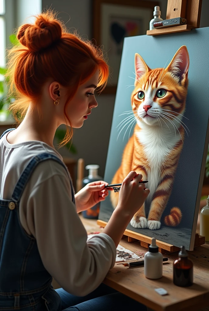 Woman Redhead painting a picture of a cat With acrylic paint,Hyperrealism ,realistic photo ,8k