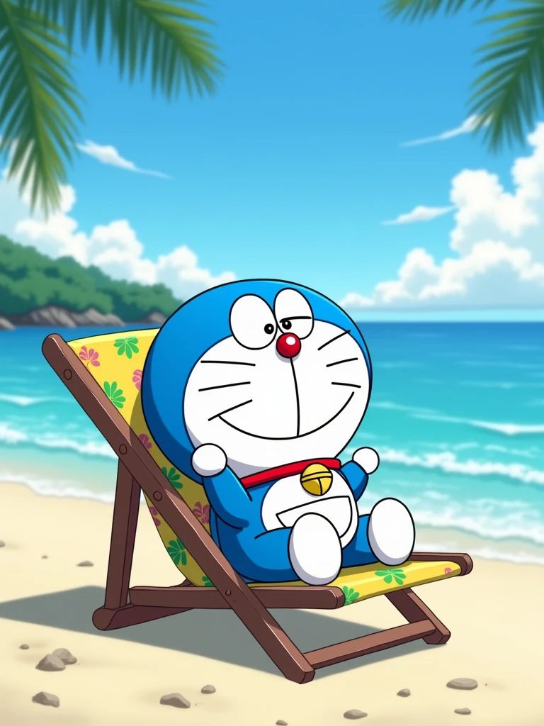 Doraemon is resting on a beach chair by the sea