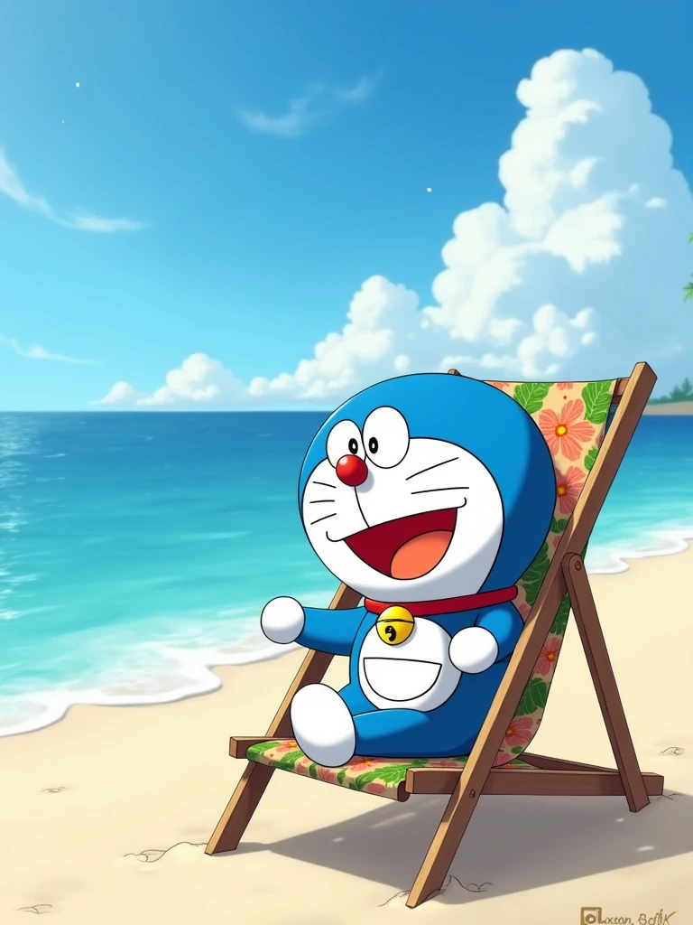 Doraemon is resting on a beach chair by the sea