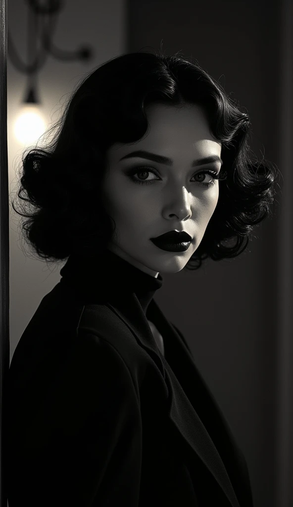 1girl, Film noir style linquivera kylin, bold lines, hyper detailed, a dark warm limited palette, chiaroscuro, . Monochrome, high contrast, dramatic shadows, 1940s style, mysterious, cinematic.