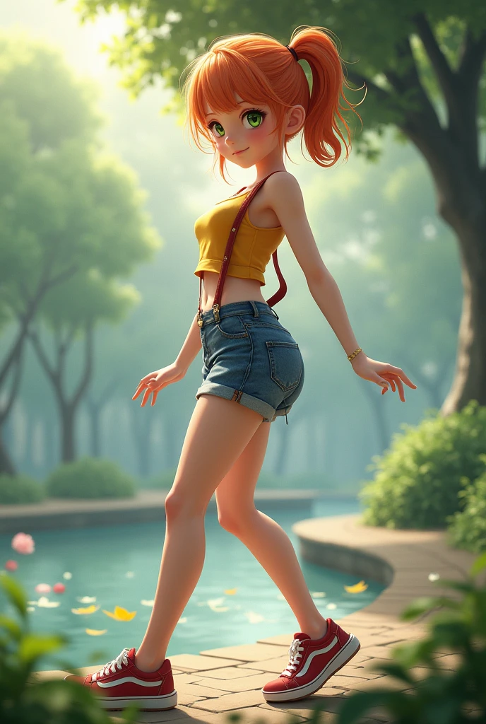 detailed CG, 8k wallpaper, high resolution, (dynamic angle, dynamic pose:1.2), outdoors, park, tree and pond, (portrait, legs focus, full body), (beautiful face, beautiful eyes, beautiful legs:1.3), 1 girl, solo,
(Misty_Pokemon)(1 18-year-old girl)
(Berry Short,Orange Hair,one side up hair,Big green eyes,Small breasts,Skinny)
(Yellow sleeveless T-shirt,Belly button exposed,Denim hot pants,Red suspenders,sneakers)
.afternoon