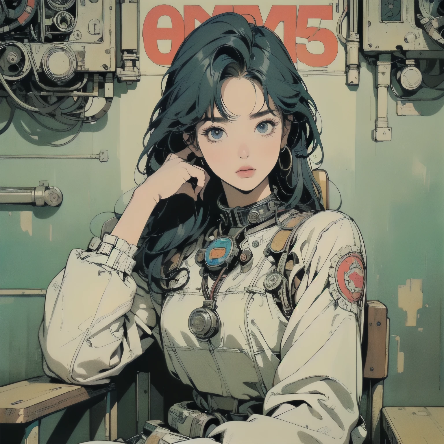 (((masterpiece, Highest quality)))、(((32K Wallpapers)))、The most detailed machine、((Outdated machinery and a woman)))、The most detailed background、(((Flat Chest)))、(((Surrounded by many complex, sophisticated, Outdated machinery)))、Upper Body、 (One person:1.2), ((Overall colorfully))、A perfect Outdated machinery、(((Perfect Face)))、(((The most complete Outdated machinery)))、Detailed Hair、(((White space suit)))、Colorful hair color、(((Lots of gears))), (((Lots of cables)))、(((Sit on a chair)))