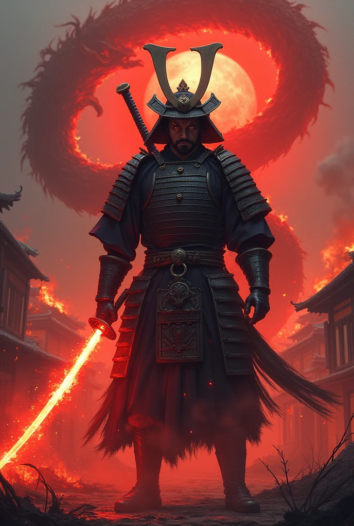 A shogun in a burning village angry holding his katana which red in color with hot tempered blade and he is alone
He has his full Armor with helmet and there is dragon shadow coming from his back