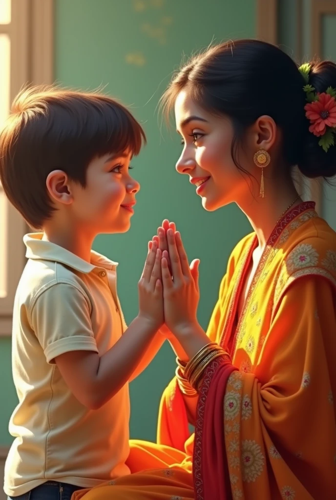 A 2 boy in shirt and pant with casual look and a 23 year girl in Indian wear and each other holding the one hand