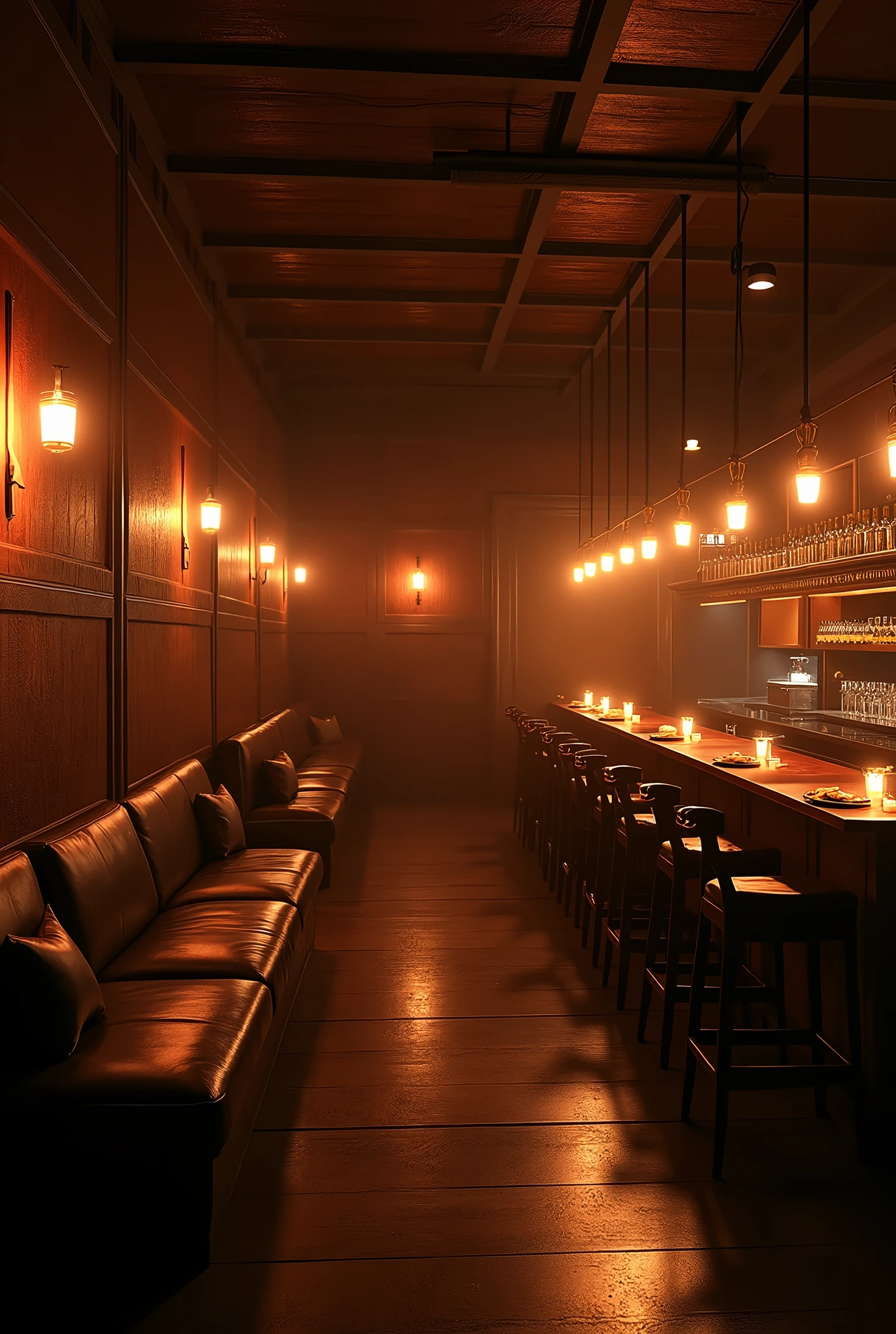 A small, cozy, dimly lit bar-like counter with indirect lighting and candles.、6 seats、Two sofa seats and an open kitchen at the counter
