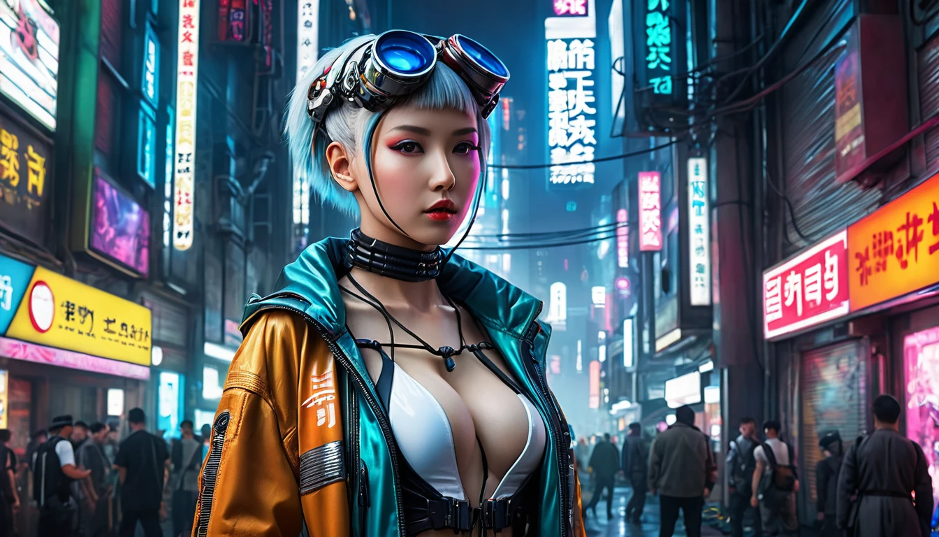 ((An extremely delicate and beautiful cybernetic girl.)), ((mechanical limbs, blood vessels connected to pipes, Mechanical spine)), ((The cervix is attached to the neck.)), (Wires and cables attached to the neck:1.2), ((Mass of wires and cables on the head)), ((wearing colorful Harajuku tech jacket with logos)), (Characters emphasize camera poses)), ((cowboy shoot)), (Masterpiece), (((best quality))), ((Very detailed)), (Highly realistic and detailed CG illustrations.), movie light, science fiction, มีรายVery detailed,colorful,Maximum details, (((cyberpunk city background, (Blade Runner), Harajuku area)))