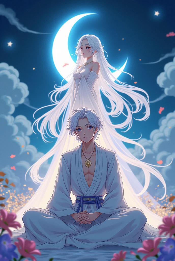 create an anime image of a cute man that the goddess of the moon