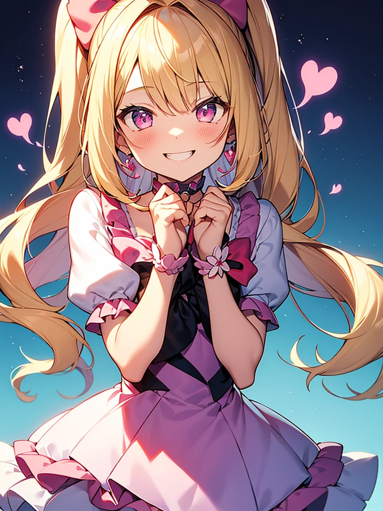 ultra detailed, anime style, 1girl, kawaii cute, young, laugh, parky, happy,(heart hands, own hands together:1.2), Hands next to face, looking at viewer, (cure heart), pure cure, blonde hair, long hair, pink eyes, pink bow, jewelry, bow, heart brooch, choker, brooch, heart, earrings, hair ornament, high ponytail,magical girl,magical background,
