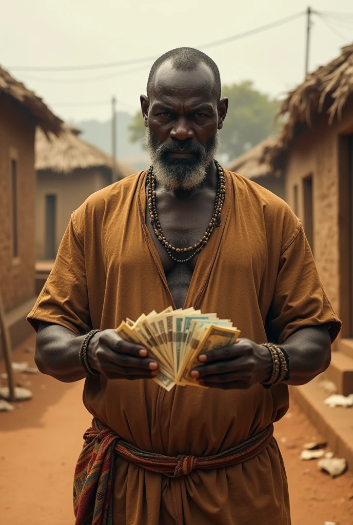 Greedy African man in the village holding money he got from the poor 