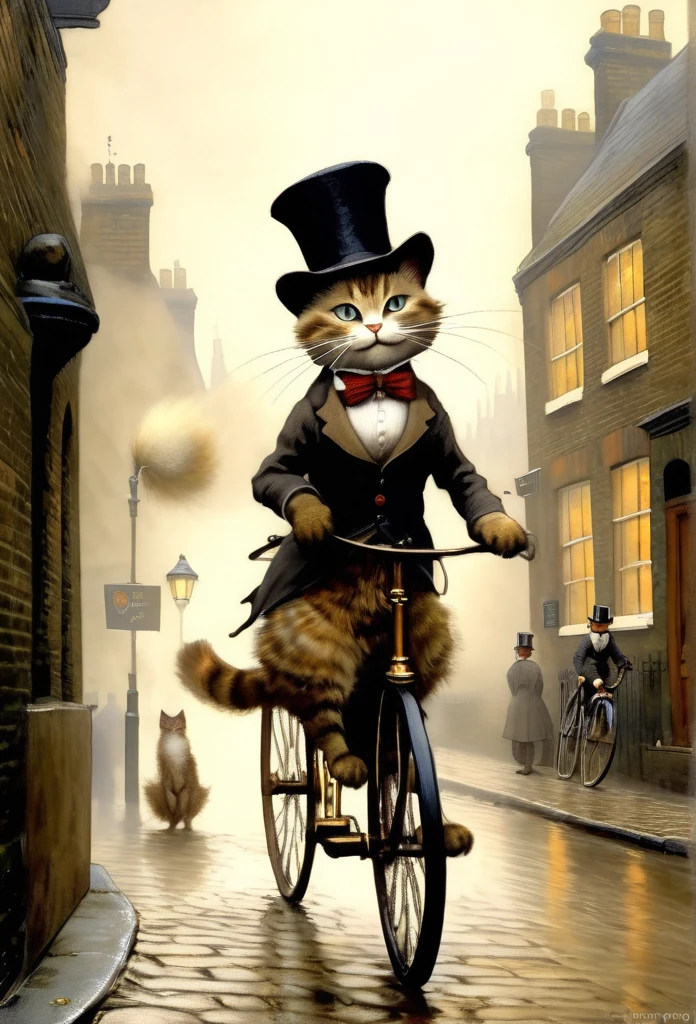 In the early morning fog、Riding a Penny-Farthing Bike along the cobbled streets of London、Victorian British cats, Wearing a top hat. Jean-Baptiste Monge style.