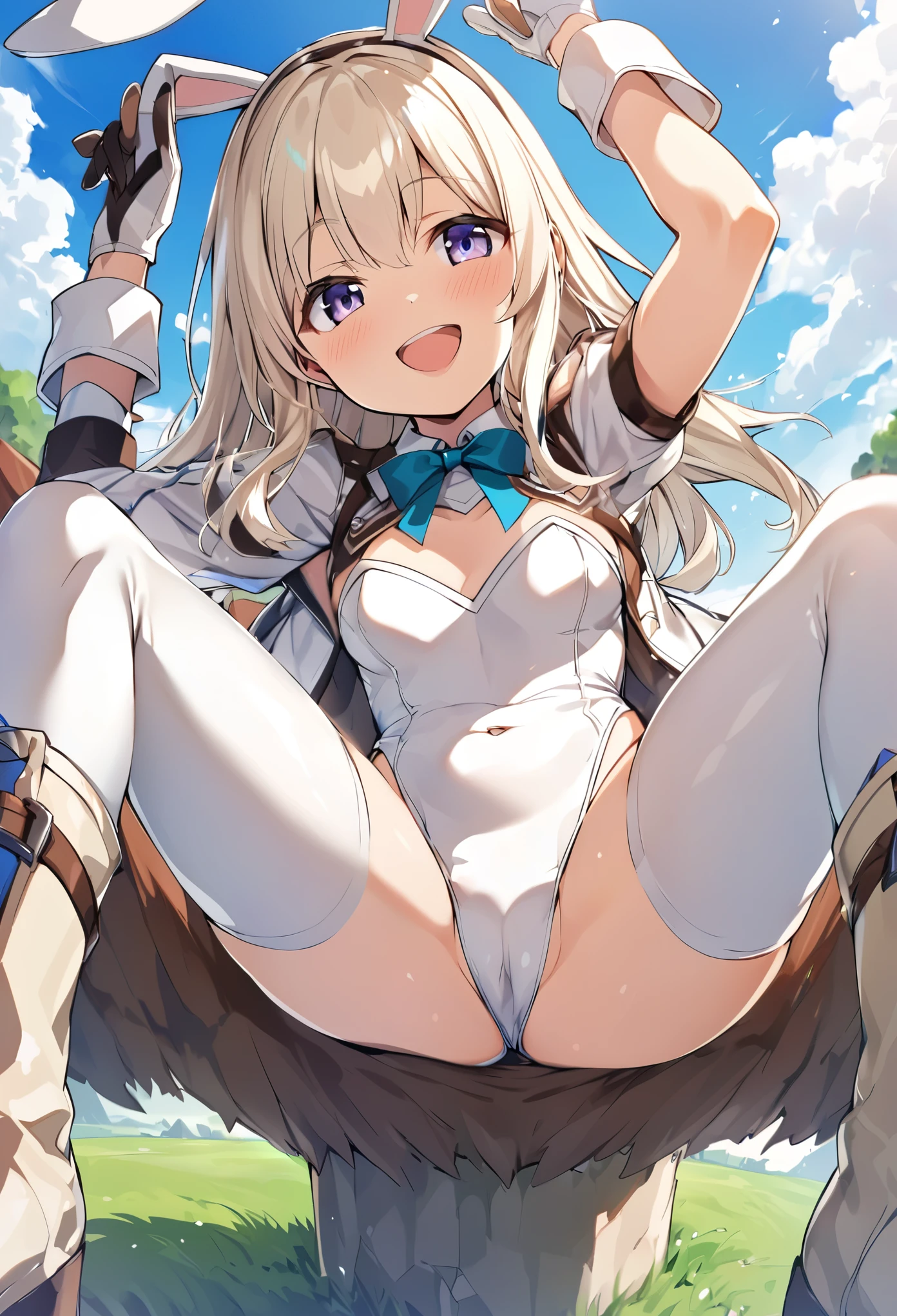,ung_teeirl,brown_hair,medium_bob_hair,platina_blond_hair,white_leotard,covered_crotch,thigh-highs,smile,standing,bluesky_landscape_background,slightly_spread_legs,happiness, short_gloves ,solo, r18, navel,relicbuster,short,boots,open_mouth,sitting,knees,bunny_ears,pov