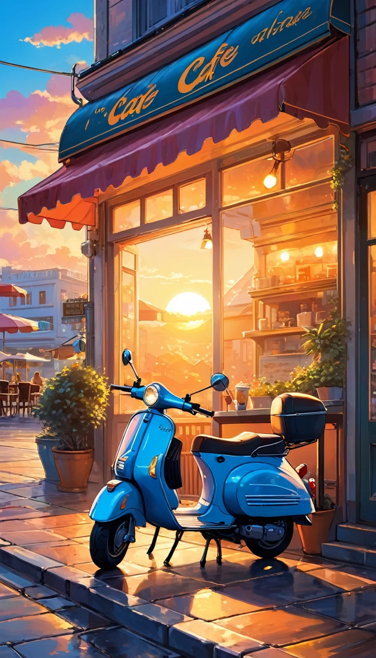 a painting of a scooter in front of a cafe with a sunset in the, cozy cafe background, cafe, beautiful retro art, scenery artwork, cafe in the clouds, warm beautiful scene, scenery art detailed, diner caffee, dream scenery art, watching the sun set. anime, anime scenery, in a sidewalk cafe, at a beautiful sunset, beautiful aesthetic art, nightcafe, in a bright cafe, super detailed color art, beautiful comic art, beautiful anime scenery, retro style art