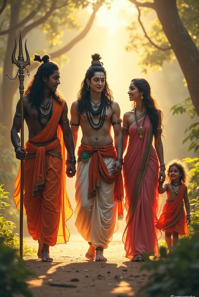 Lord mahadev and parvati walking with lord ganesha and lord kartik and suraj chavan tiktok star stand with mahadev and parvti suraj calling them as mom and papa