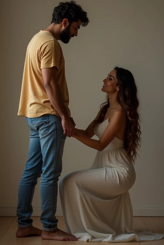 Beautiful wife with wavy long hair, elegantly dressed, kneeling with a submissive expression by her standing husband casually dressed
