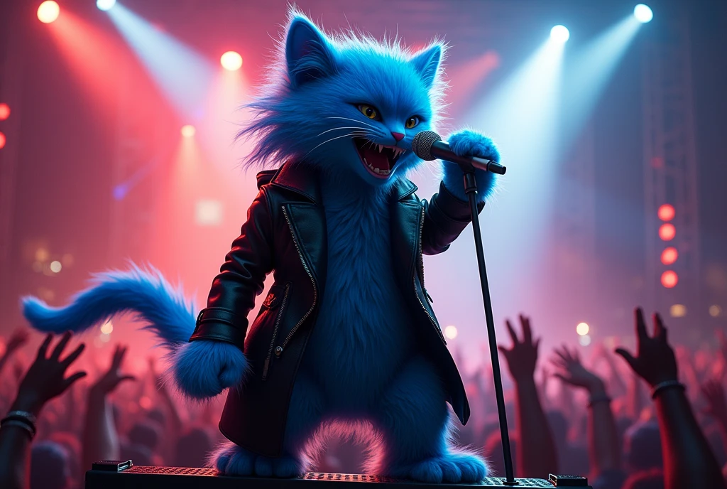 blue cat, on the stage, wearing black coat, blue hair, singing , microphone, rock concert, rock festival, screaming, singing, rockstar,from below, full body