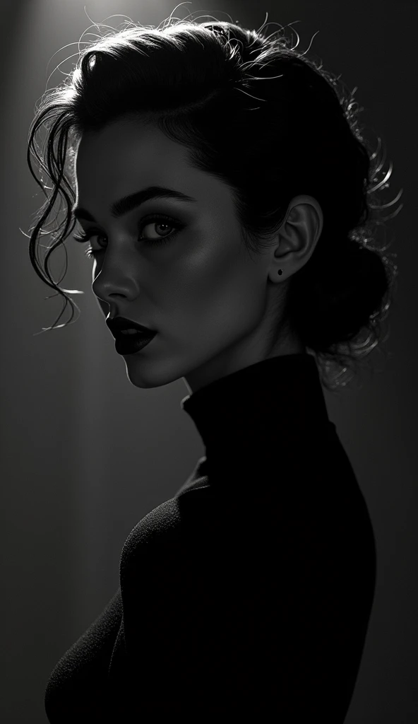 1girl, Film noir style linquivera kylin, bold lines, hyper detailed, a dark warm limited palette, chiaroscuro, . Monochrome, high contrast, dramatic shadows, 1940s style, mysterious, cinematic.