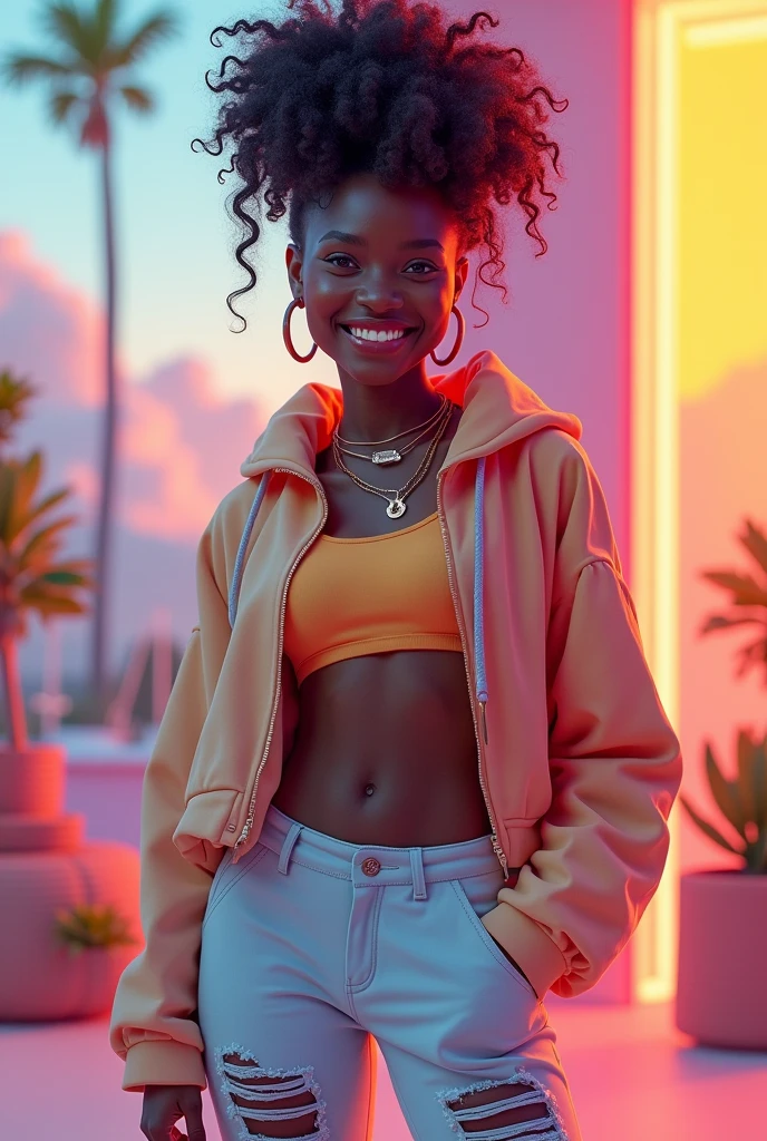 (obra-prima sci-fi), (best qualityer), (ultra detali), (fully body: 1.2) nsfw black girl, crop sweatshirt open at the front, Torn pants, (no blouse), pose natural de fully body, clear smile, fully body, :3, multicolor hair, wrapped around, Crespo, modern curly, Modern accessories, pastel tone background , colorful and simple, sci-fi