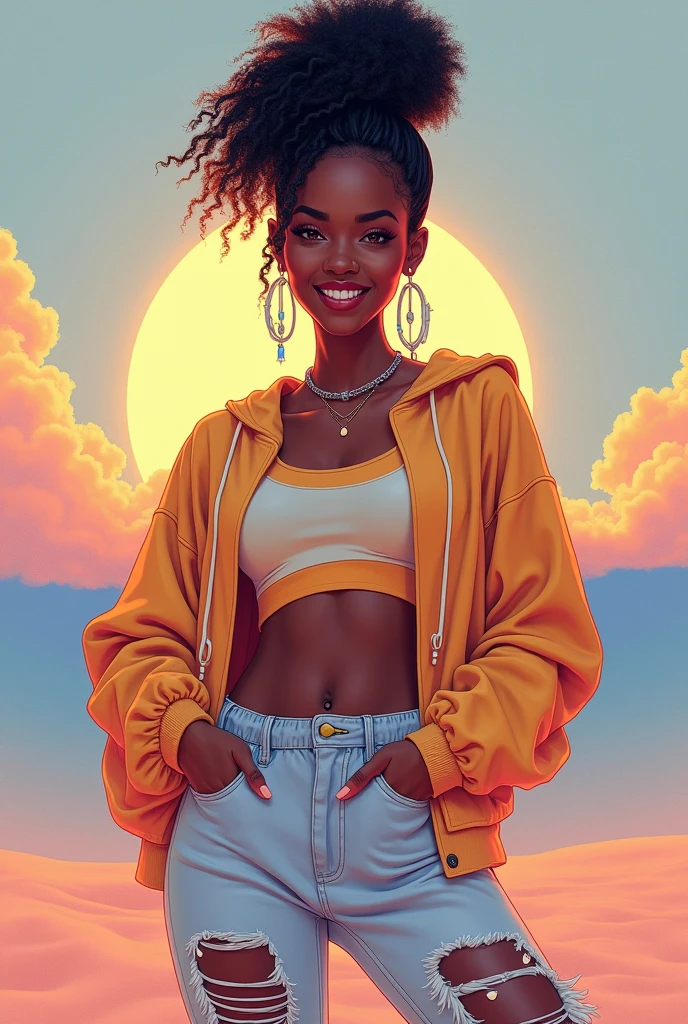 (obra-prima sci-fi), (best qualityer), (ultra detali), (fully body: 1.2) nsfw black girl, crop sweatshirt open at the front, Torn pants, (no blouse), pose natural de fully body, clear smile, fully body, :3, multicolor hair, wrapped around, Crespo, modern curly, Modern accessories, pastel tone background , colorful and simple, sci-fi