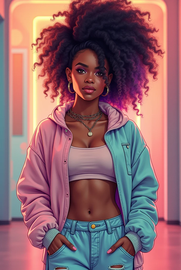 (obra-prima sci-fi), (best qualityer), (ultra detali), (fully body: 1.2) nsfw black girl, crop sweatshirt open at the front, Torn pants, (no blouse), pose natural de fully body, clear smile, fully body, :3, multicolor hair, wrapped around, Crespo, modern curly, Modern accessories, pastel tone background , colorful and simple, sci-fi